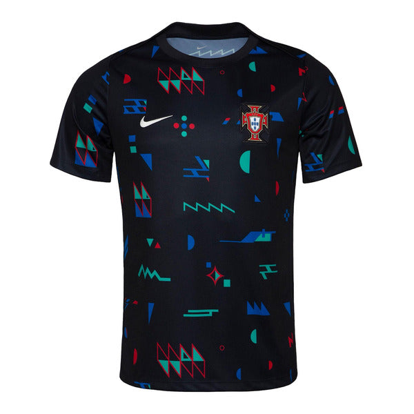 Black Portugal football jersey with a colorful geometric pattern, Nike swoosh, and team crest on the chest.