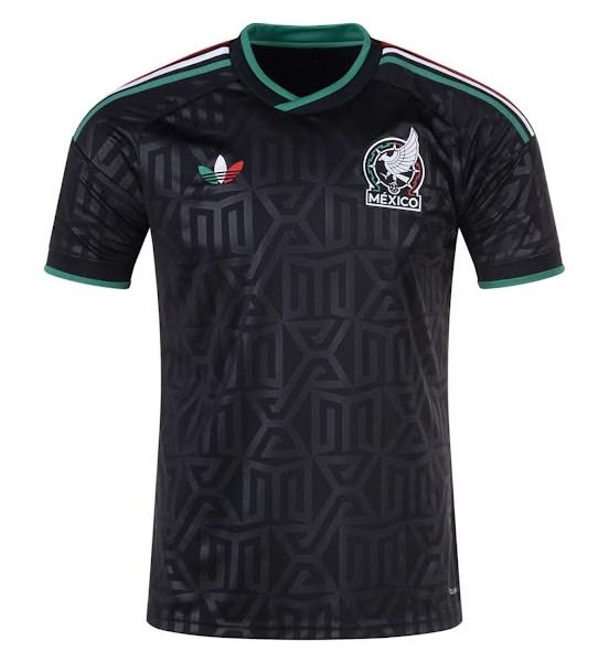 Black Mexico national soccer jersey with teal trim and geometric pattern; crest on left chest and Adidas logo on right.