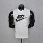 Mannequin torso wearing a white Nike sleeveless shirt with a large black Nike swoosh logo against a gray background