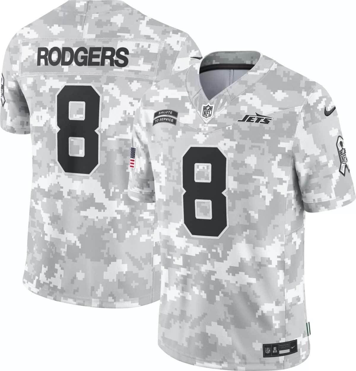 Back view of a gray digital camouflage NFL Jets jersey with the name 'RODGERS' and the number 8 visible under patches and logos.
