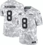 Back view of a gray digital camouflage NFL Jets jersey with the name 'RODGERS' and the number 8 visible under patches and logos.