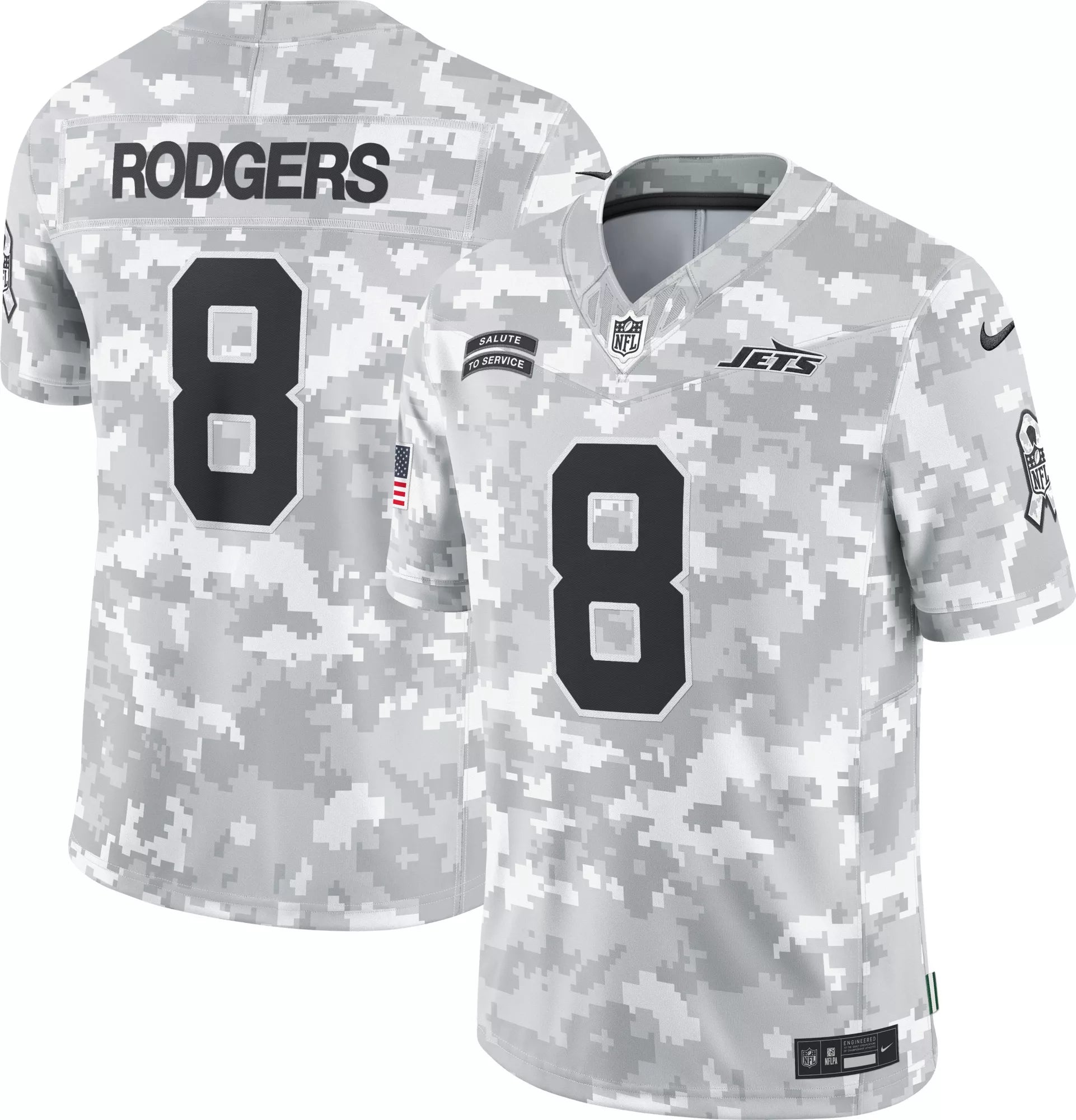 24NIKMNFLJTSSTS24NYJC | UAE SPORT STORE Back view of a gray digital camouflage NFL Jets jersey with the name 'RODGERS' and the number 8 visible under patches and logos.