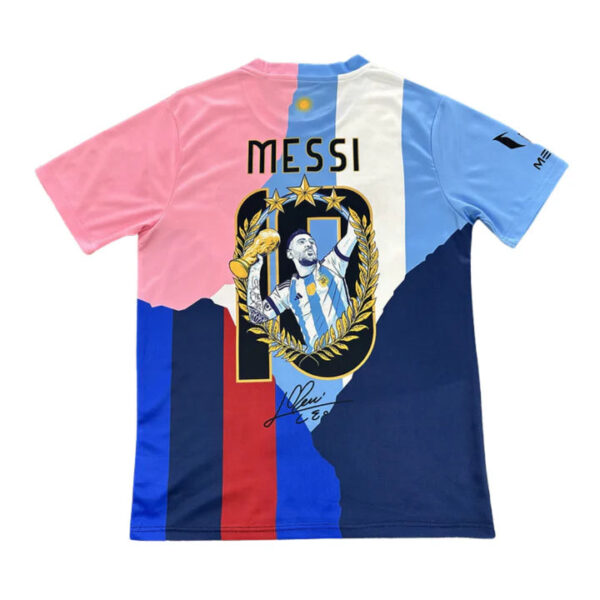Messi-themed T-shirt with a large crest, laurel wreath, and Lionel Messi name on a multicolor pink, blue, and navy background.