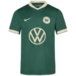 Green VFL Wolfsburg football jersey with white collar and sleeve trim; crest on the left chest and VW sponsor logo centered.