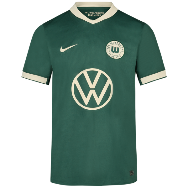 Green VFL Wolfsburg football jersey with white collar and sleeve trim; crest on the left chest and VW sponsor logo centered.
