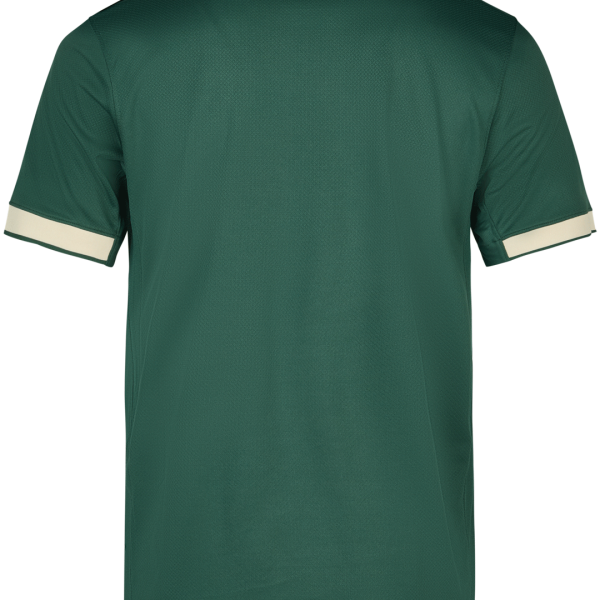 Back view of a dark green polo shirt with a cream collar and cream sleeve cuffs, plain and untucked.