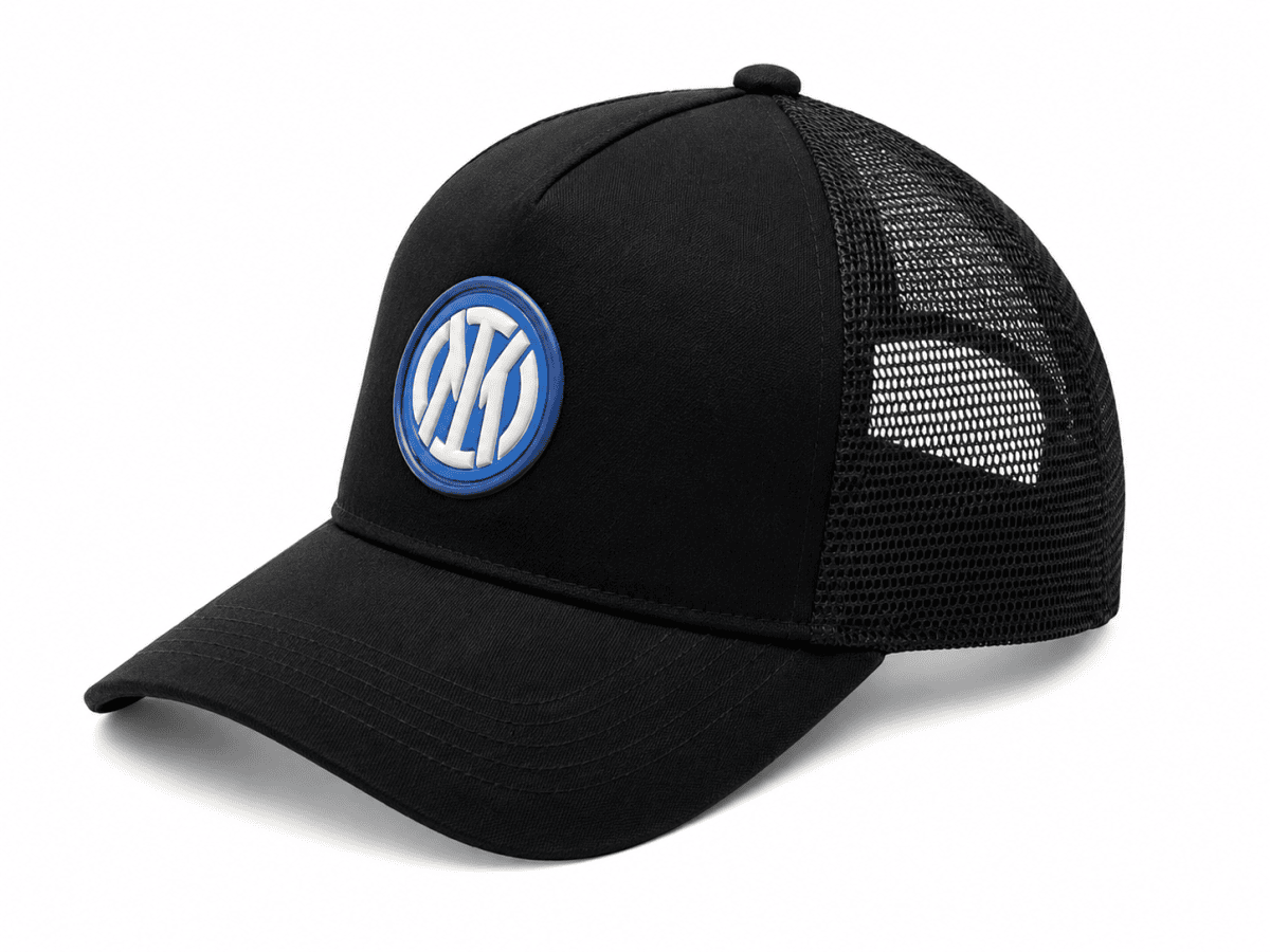 Black trucker cap with a blue circular logo on the front panel and a mesh back cap.