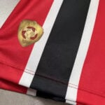 Close-up of a red sports jersey with black and white stripes and a gold shield emblem