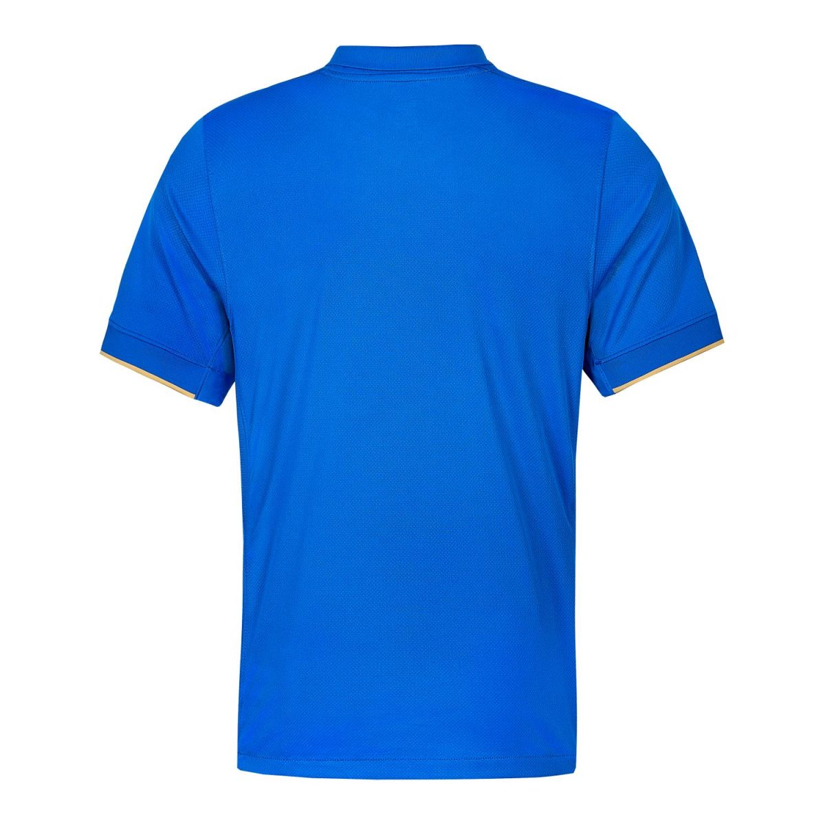 Back view of a royal blue polo shirt with short sleeves and tan trim at the sleeve cuffs.