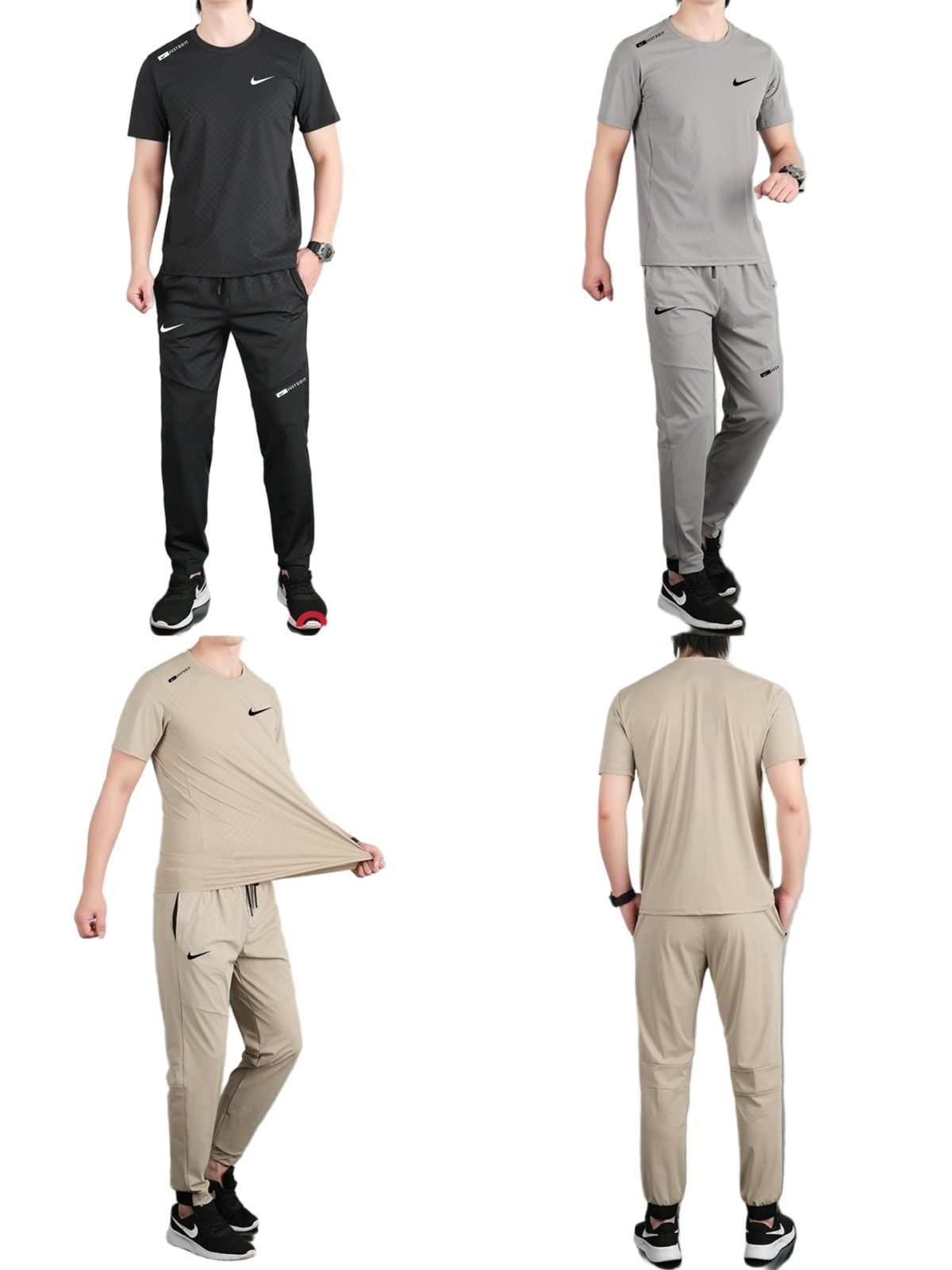 Collage of four men's Nike athletic outfits in black, gray, and beige with matching tees and joggers.