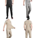 Four-model collage showing Nike training outfits: black t-shirt with matching pants, grey t-shirt with matching pants, and beige t-shirt with matching pants, each with a Nike swoosh logo.