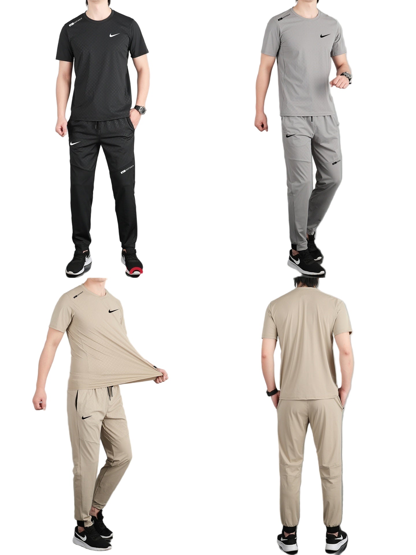 259460ce_1 Four-model collage showing Nike training outfits: black t-shirt with matching pants, grey t-shirt with matching pants, and beige t-shirt with matching pants, each with a Nike swoosh logo.