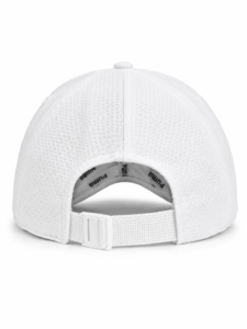 Back view of a white mesh baseball cap with an adjustable strap and plastic buckle on the rear closure.