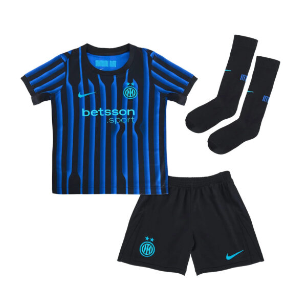 Inter Milan blue-and-black striped soccer kit: jersey with sponsor text, crest, and Nike swoosh, plus black shorts and socks with blue accents