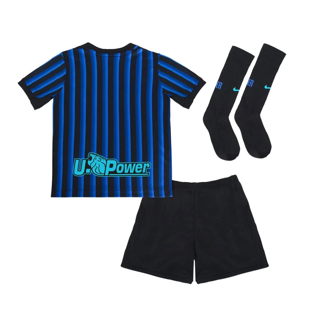 Blue and black striped soccer jersey with U-Power logo, black shorts, and black socks (team kit).