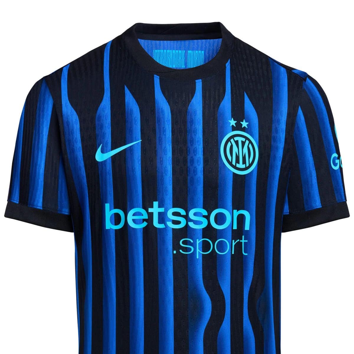Inter Milan football jersey in blue and black vertical stripes with Nike swoosh and club crest.
