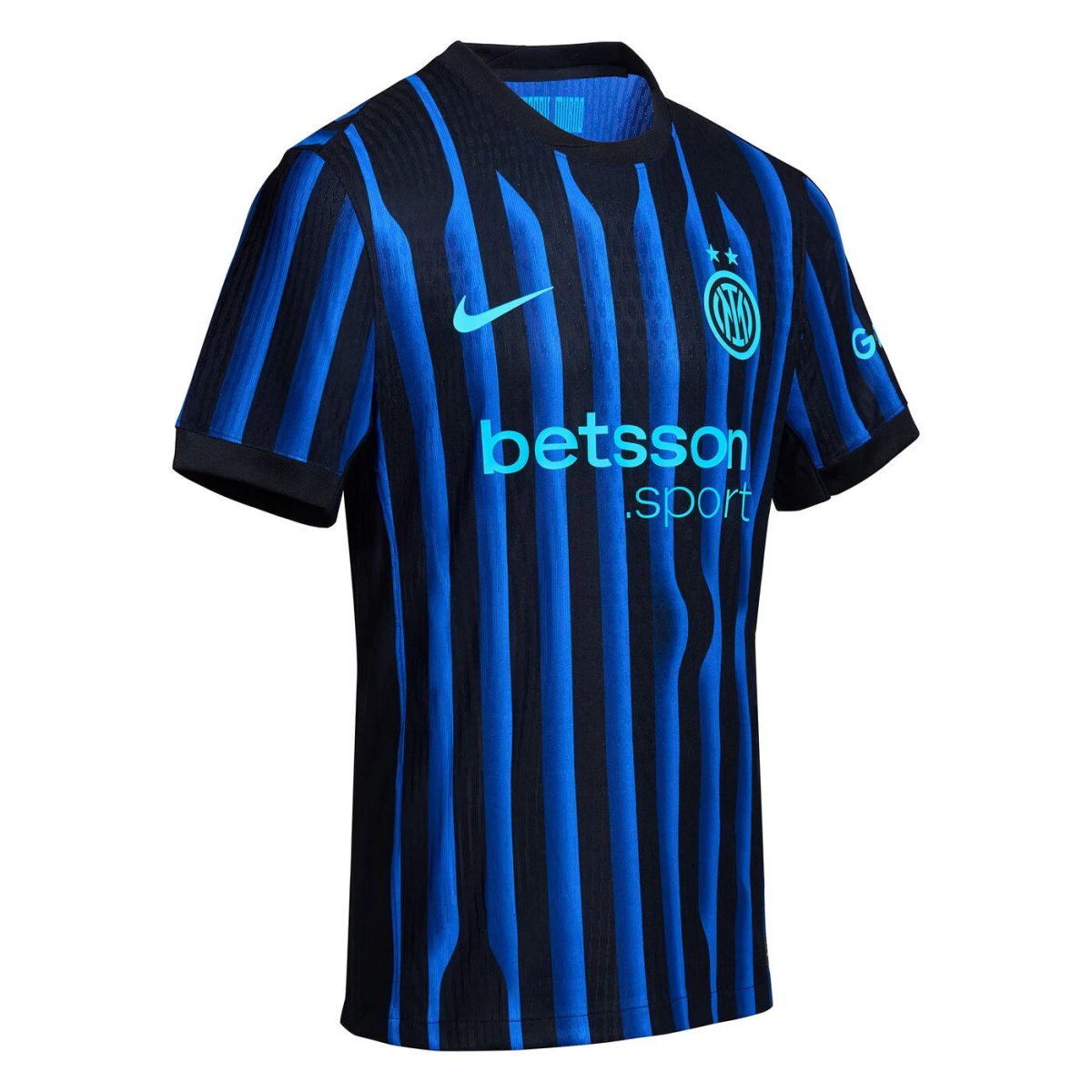 Inter Milan home football jersey with blue and black vertical stripes, turquoise sponsor text 'betsson', Nike swoosh, and club crest on chest