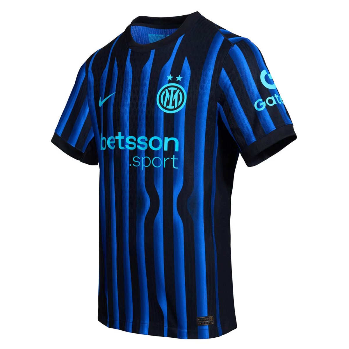 Inter Milan blue and black striped soccer jersey with Betsson sponsor and team crest on chest, Nike swoosh visible on left