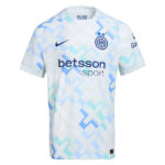 White Inter Milan football jersey with blue geometric pattern, Nike swoosh, crest, and betsson.sport sponsor.