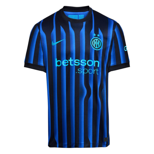 Inter Milan blue-and-black striped soccer jersey with Nike swoosh and club crest, featuring Betsson sponsor text across the chest