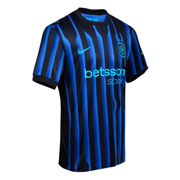 Blue and black vertical striped soccer jersey with Nike swoosh and team crest, front sponsor text visible