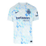 Inter Milan away football jersey with blue and light blue geometric pattern and Betsson sponsor logo on front.
