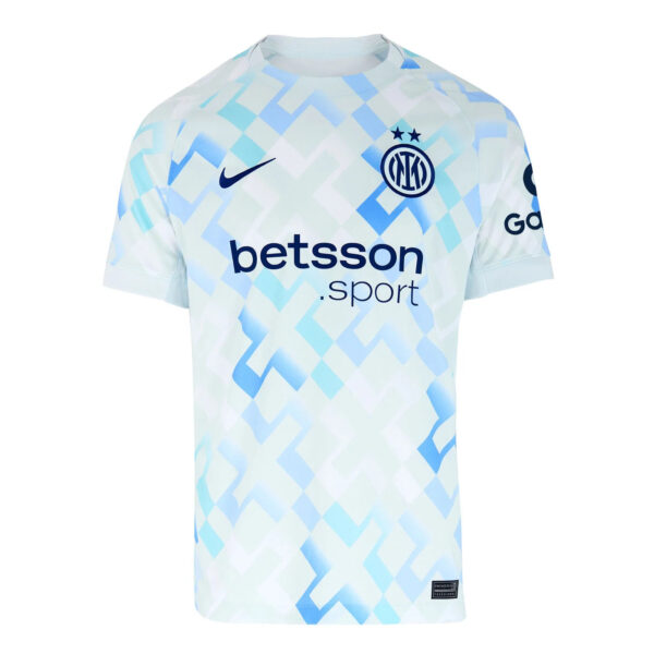 Inter Milan away football jersey with blue and light blue geometric pattern and Betsson sponsor logo on front.