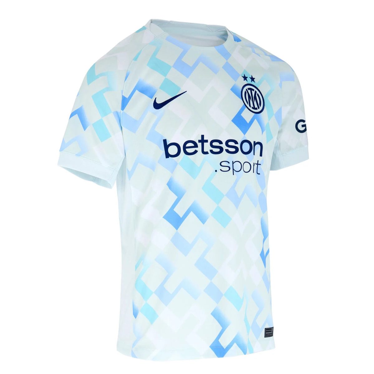 Inter Milan football jersey with pale blue geometric pattern, featuring Nike swoosh, club crest, and Betsson Sport sponsor