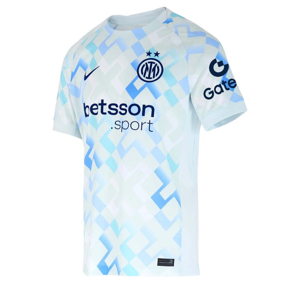 Light blue Inter Milan football jersey with a geometric pattern, featuring the Betsson sponsor and Inter crest on the chest, Nike logo, and a Gate sponsor on the sleeve.