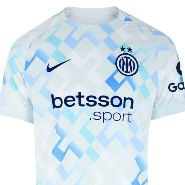 Inter Milan football jersey with a pale blue geometric pattern featuring the team crest and Nike swoosh, sponsor text 'betsson.sport' front center.