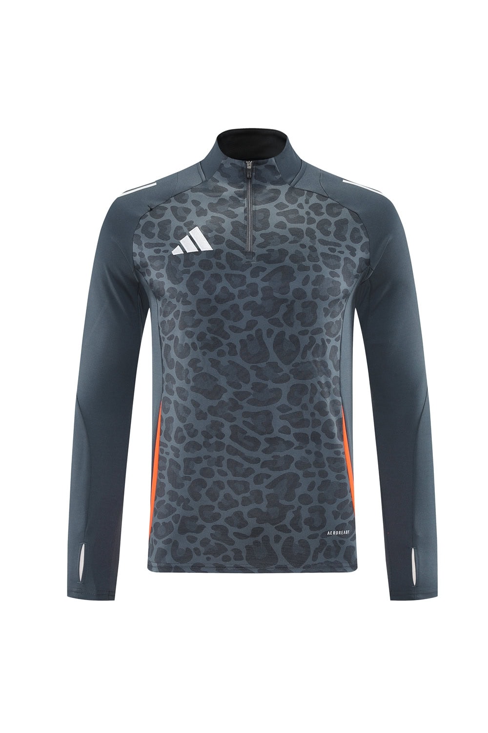 260585c8 | UAE SPORT STORE Dark blue leopard-print long-sleeve training top with a quarter-zip collar, white Adidas logo, and orange side panels.