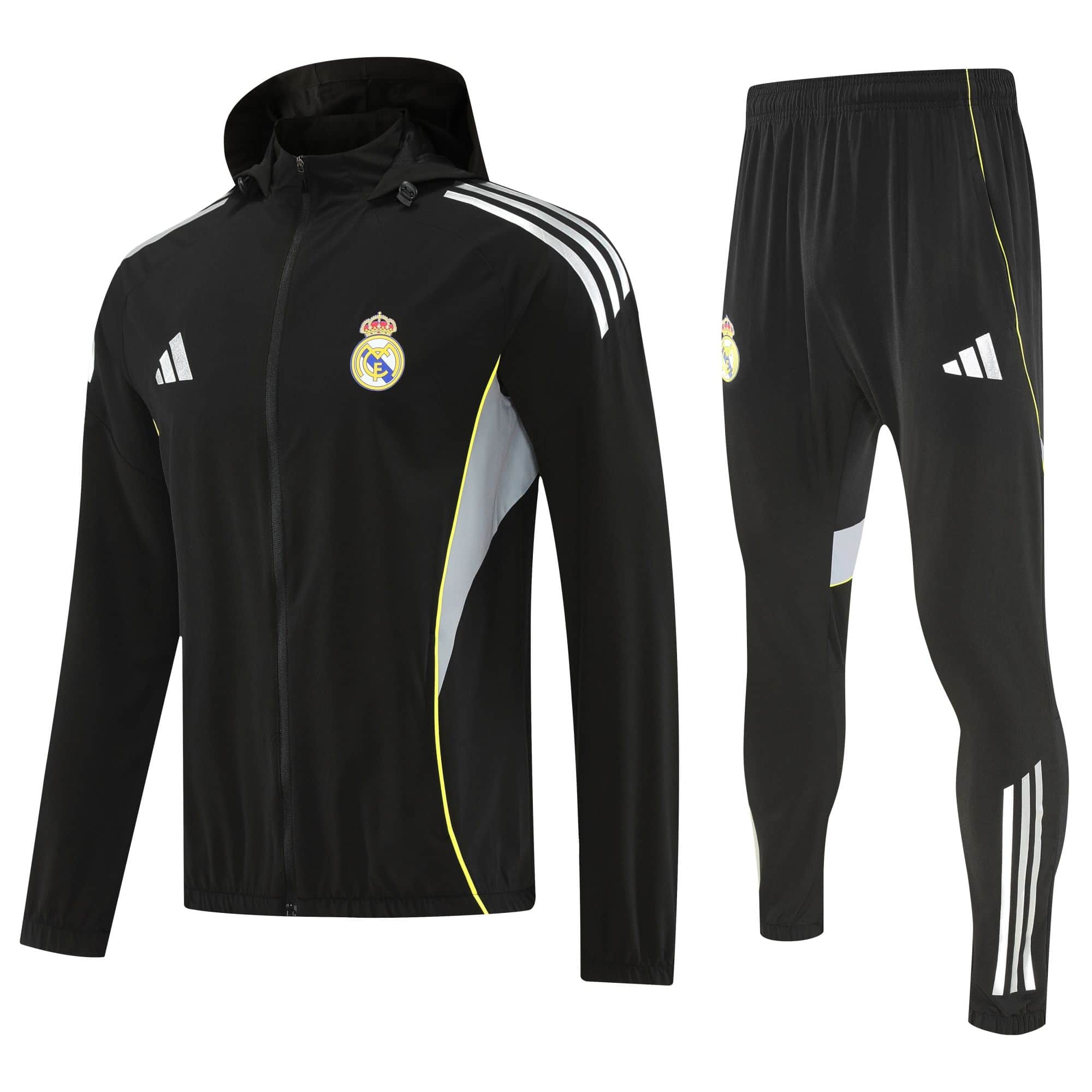 271dd4d9 | UAE SPORT STORE Black Real Madrid tracksuit jacket and pants with white stripes and crest showing on the chest leg logo.