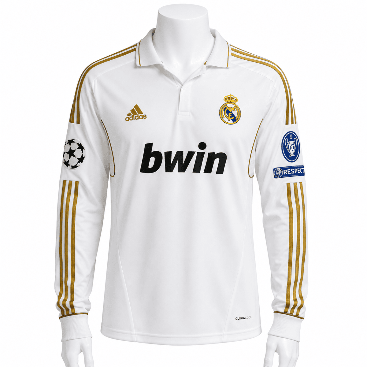 Real Madrid home long-sleeve UEFA Champions League jersey 2011-12 with gold accents.