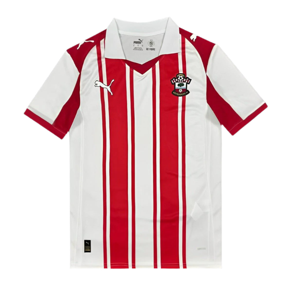 27dc0a7b3f7f1dd9e6c4aa98 White soccer jersey with bold red vertical stripes, team crest on the left chest, and a Puma logo on the right chest/sleeve area