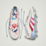 White sneakers with a red floral pattern on the left and a pink-blue striped design on the right, laces loose against a pale background, centered view.