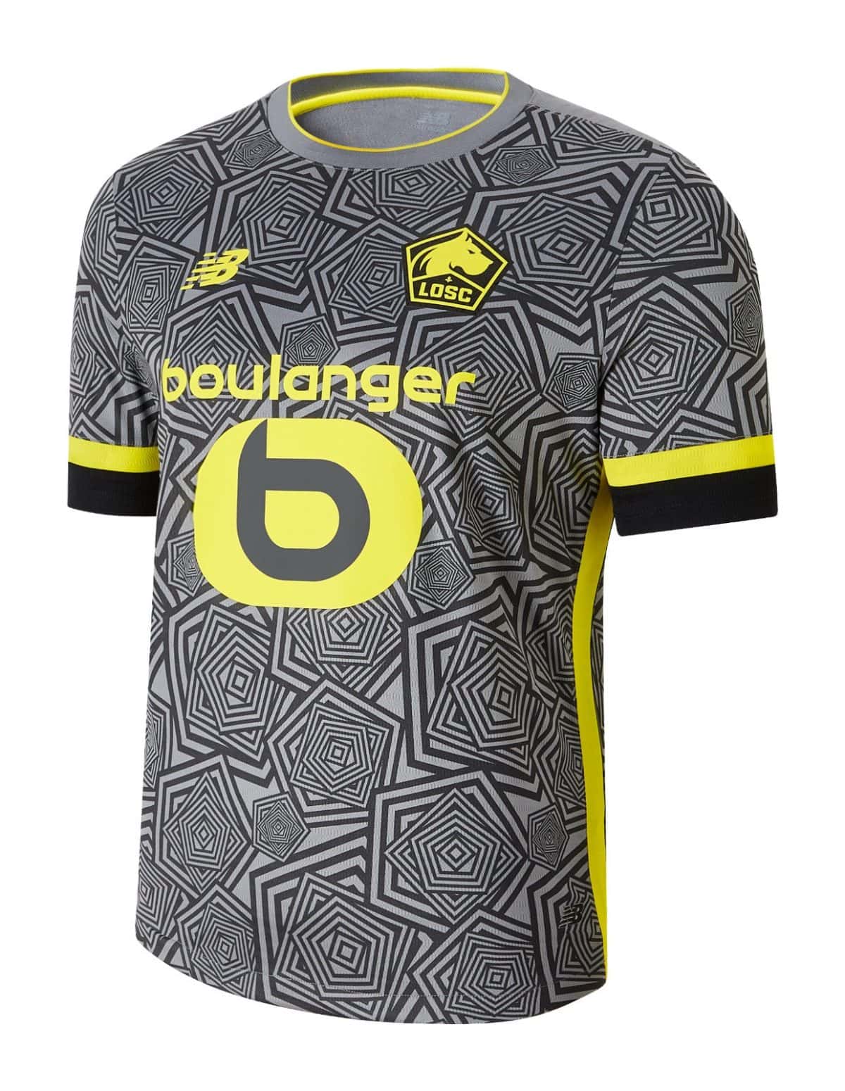 Gray training jersey with geometric pattern, yellow trim, and sponsor 'boulanger' — Lille OSC logo on chest.