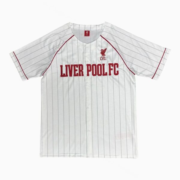 White pinstripe Liverpool FC jersey with red text reading 'LIVERPOOL FC' and crest on the chest plate, short sleeves