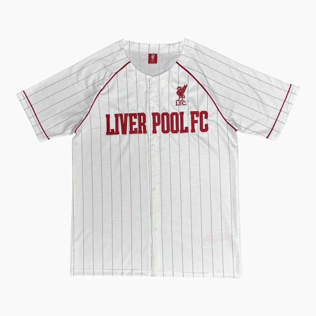 2805f86b-8344-4ea5-9311-f87177fd7d08 White pinstripe Liverpool FC jersey with red text reading 'LIVERPOOL FC' and crest on the chest plate, short sleeves