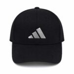 Black baseball cap with a silver Adidas logo on the front panel.