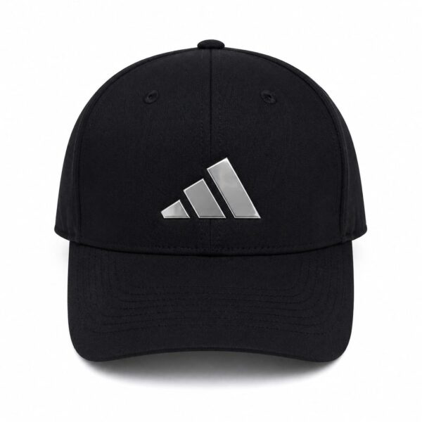 Black baseball cap with a silver Adidas logo on the front panel.