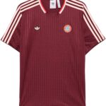 Maroon Adidas sports jersey with white/red striped shoulders and Bayern Munich badge on chest.