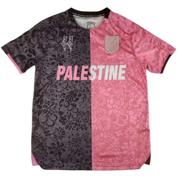 Pink-and-black floral split sports jersey with 'PALESTINE' across the chest and a crest on the left side.