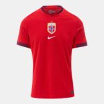 Front view of a red Norway national team soccer jersey with crest and white Nike swoosh.
