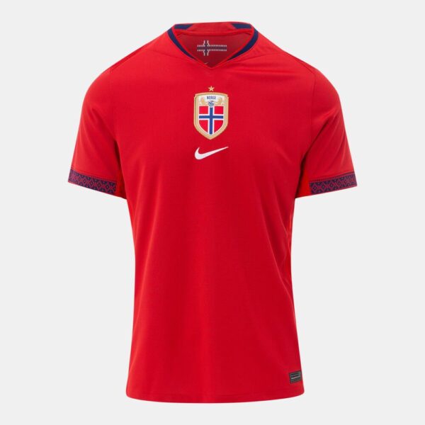 Front view of a red Norway national team soccer jersey with crest and white Nike swoosh.