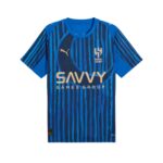Blue striped soccer jersey with a gold SAVVY Games Group sponsor across the chest and Puma logo on the left shoulder area