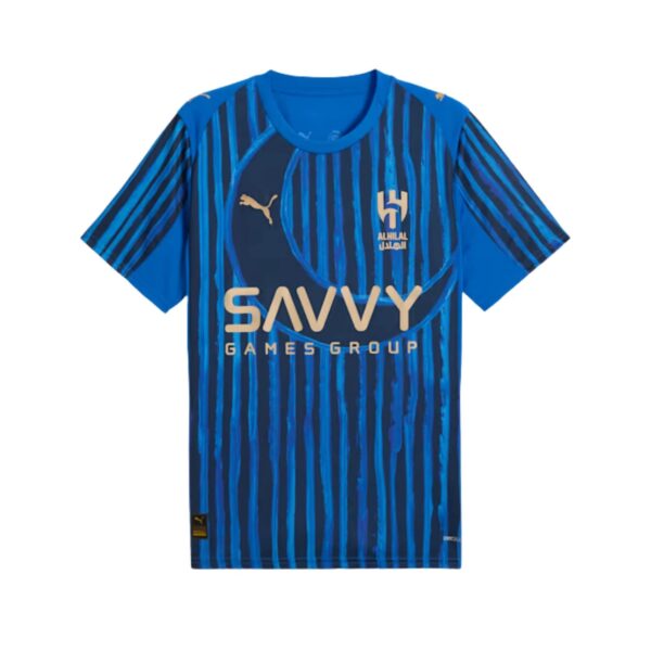 Blue striped soccer jersey with a gold SAVVY Games Group sponsor across the chest and Puma logo on the left shoulder area