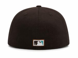 Rear view of a dark brown baseball cap with an MLB logo patch on the back