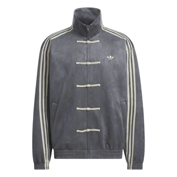 Gray track jacket with Chinese knot closures, cream sleeve stripes, and a small Adidas trefoil logo on the left chest.