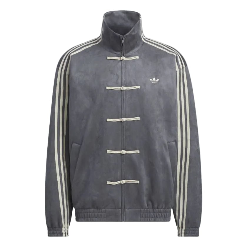 29ffeecf-2330-401f-bda3-344fd002c73b Gray track jacket with Chinese knot closures, cream sleeve stripes, and a small Adidas trefoil logo on the left chest.