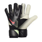 Pair of black goalkeeper gloves with white foam palms, red Nike swoosh, and neon-green accents at the wrists.